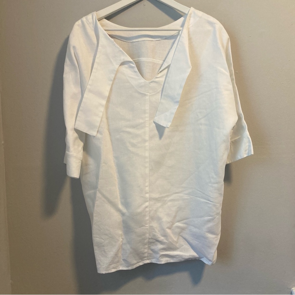 IC by Connie K white 3/4 sleeve cotton linen blouse top shirt back pocket M